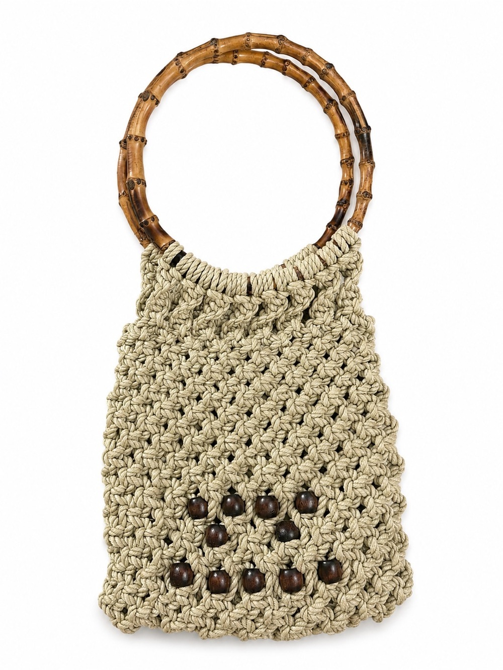 Handmade Woven Macramé Bamboo Handle in beige.
